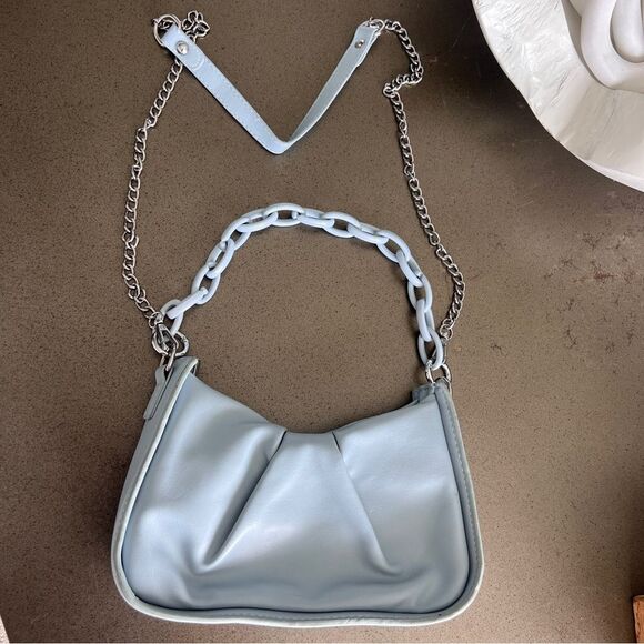 Light Blue Faux Leather Shoulder Bag with Chain Straps - Picture 8 of 8